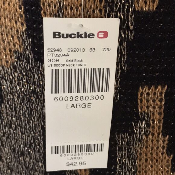 BKE Buckle Sweater Womens L Gold/Black Pullover Tunic Knit Scoop Neck L/Sleeve - Picture 2 of 6